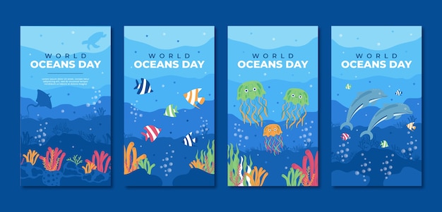 Vettore gratuito collezione di storie di ig piatte disegnate a mano per la giornata mondiale degli oceani