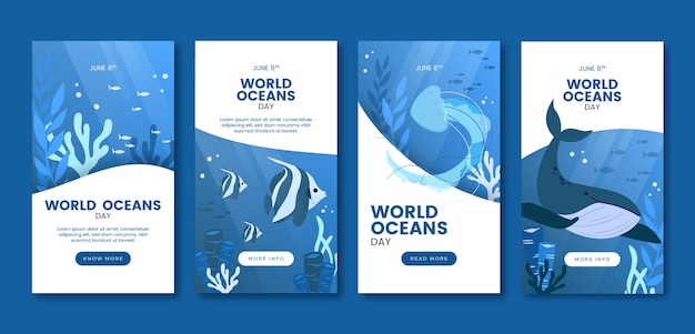 World oceans day hand drawn flat ig stories collection