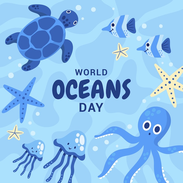 World oceans day hand drawn flat illustration