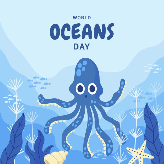 world oceans day hand drawn flat illustration
