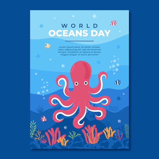 Poster o volantino piatto disegnato a mano della giornata mondiale degli oceani