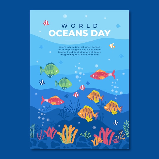 World oceans day hand drawn flat poster or flyer