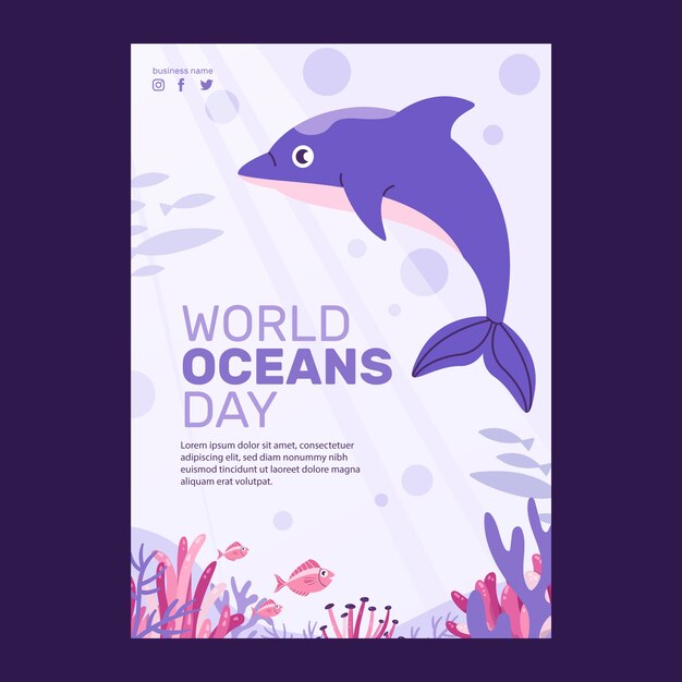 World oceans day hand drawn flat poster or flyer