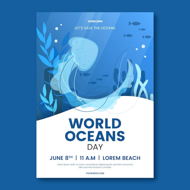 World oceans day hand drawn flat poster or flyer