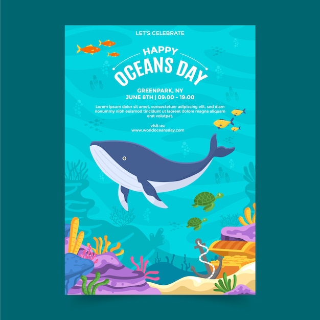 World oceans day hand drawn flat poster or flyer