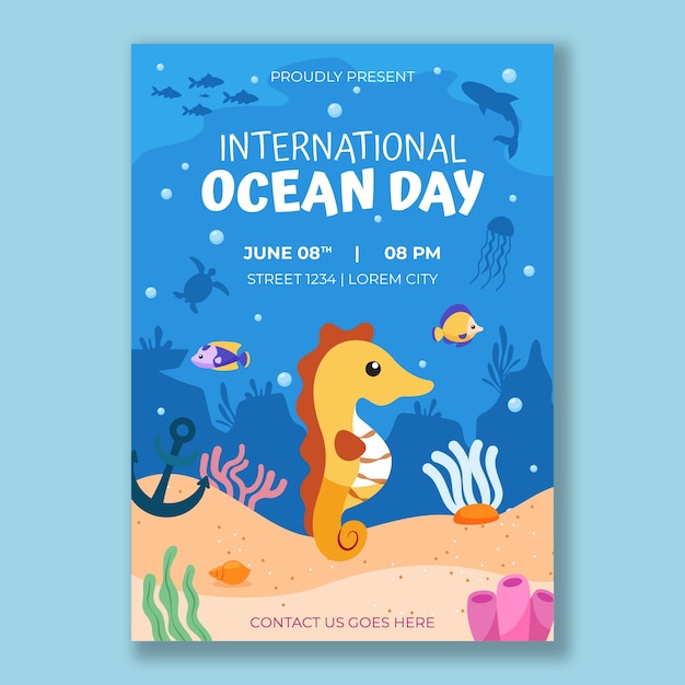 Free vector world oceans day hand drawn flat poster or flyer