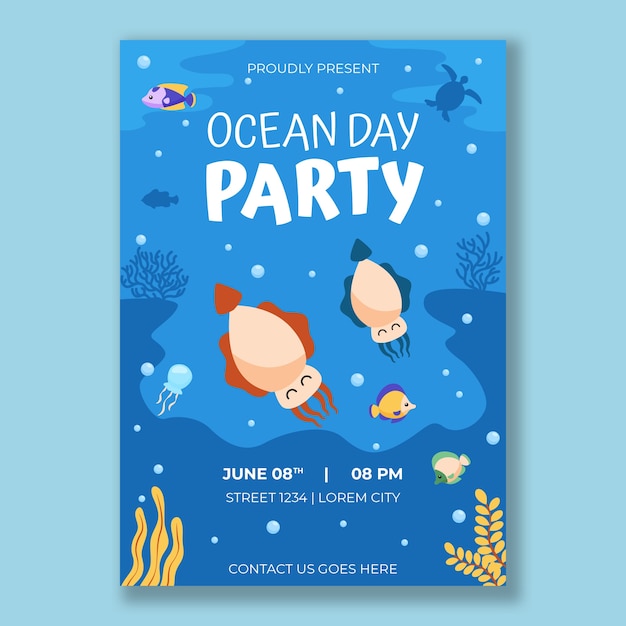 Free vector world oceans day hand drawn flat poster or flyer