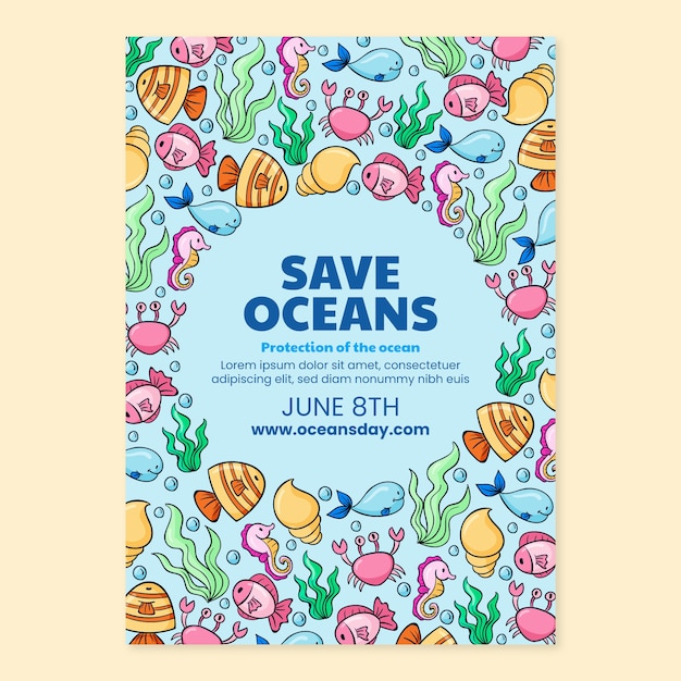 Free vector world oceans day hand drawn poster or flyer