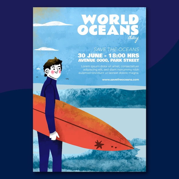 World oceans day hand drawn poster or flyer