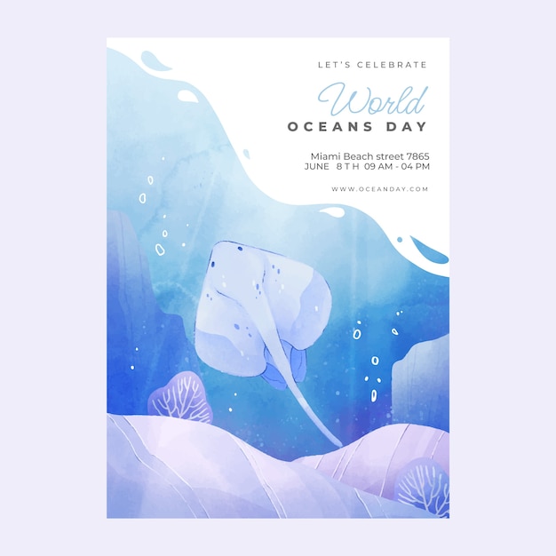Бесплатное векторное изображение Акварельный флаер или плакат всемирного дня океанов