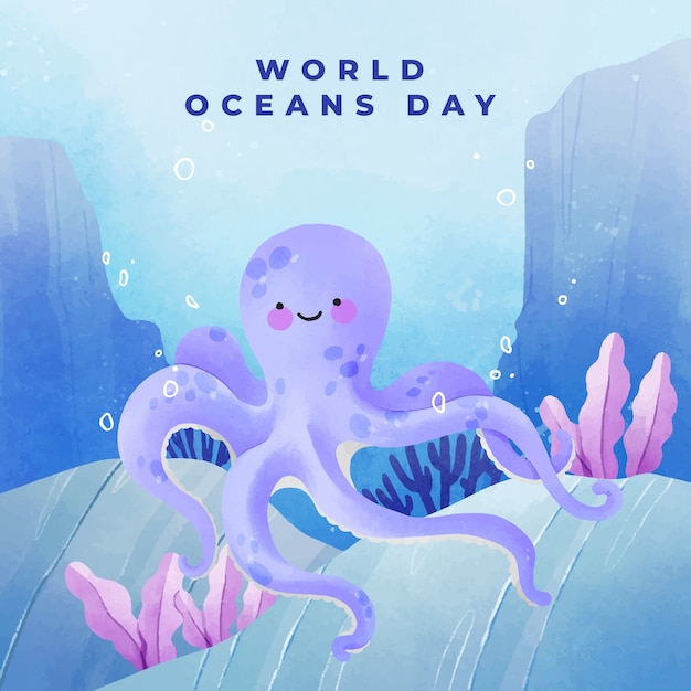 World oceans day watercolor illustration