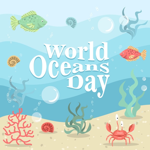 無料ベクター カニと魚の世界海の日