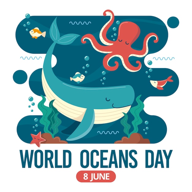 World oceans day with octopus and whale