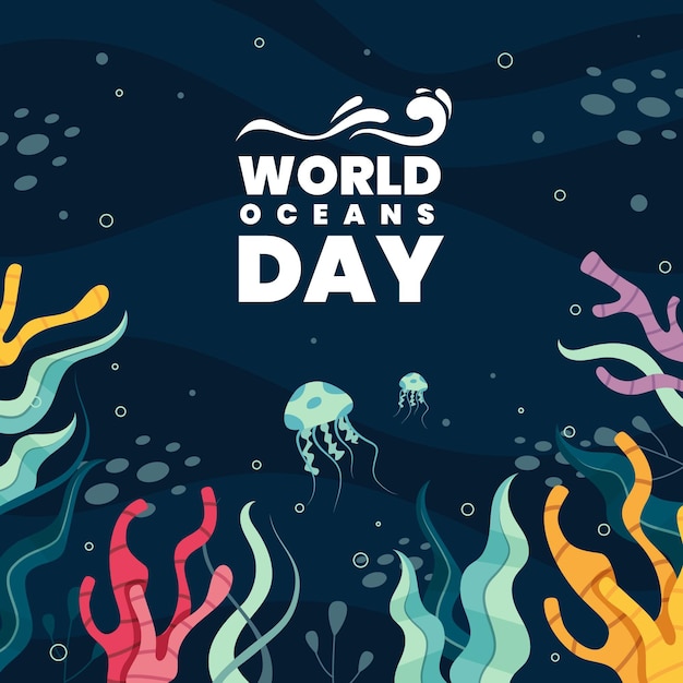 World oceans day with vegetation and jellyfish