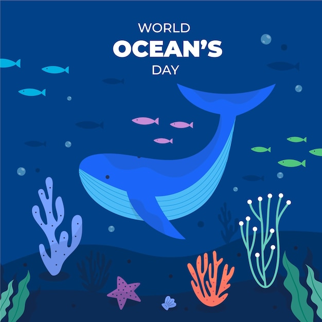 Всемирный день океанов с китами и рыбой