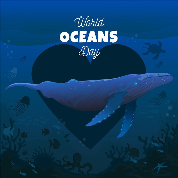 World oceans day with whale and heart