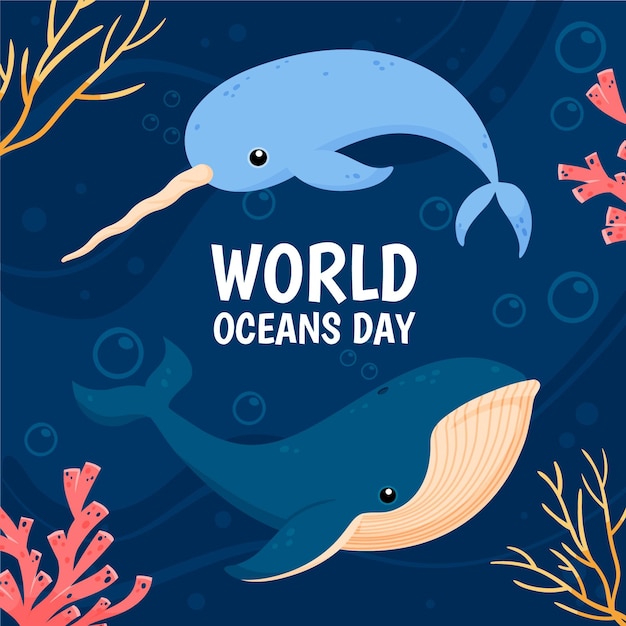 Free vector world oceans day with whale and narwhal