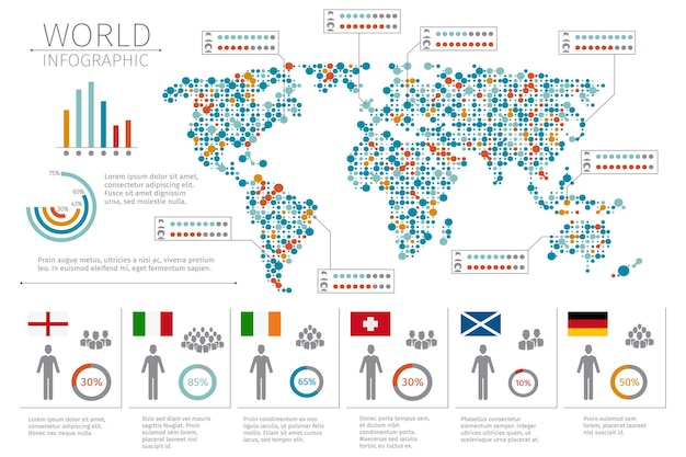 Free vector world people infographics. human infographic on world map illustration. world statistic and infographic