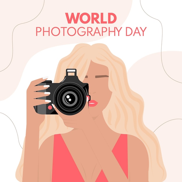 Бесплатное векторное изображение Всемирный день фотографии с фотографом-женщиной