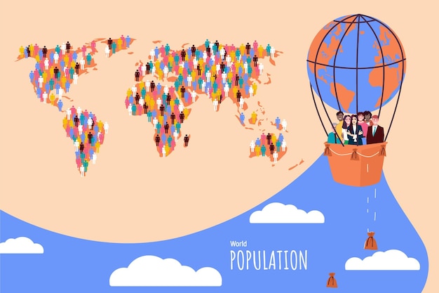 Бесплатное векторное изображение Коллаж мирового населения в плоском стиле с картой и людьми, летающими в воздушном шаре векторной иллюстрации