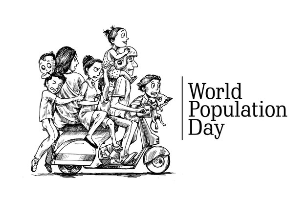 World Population Day 11 July Happy with his family sitting on scooter Hand Drawn Sketch Vector illustration