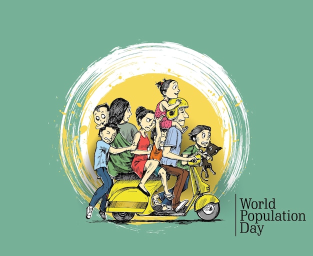 世界人口デー7月11日スクーターに座っている彼の家族に満足手描きスケッチベクトルイラスト