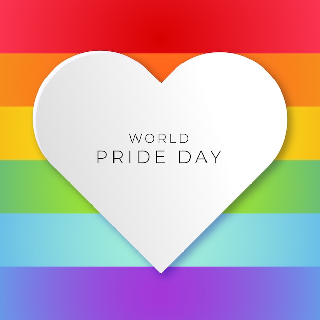 World pride day with pride flag background and white heart