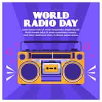 Free vector world radio day background flat design with stereo