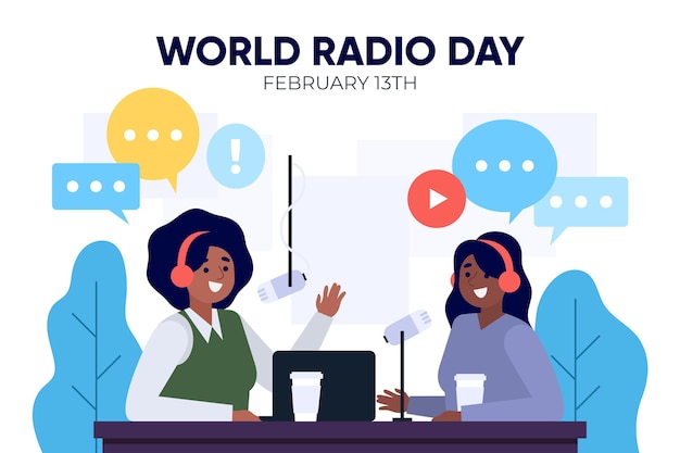 World radio day flat design background with females