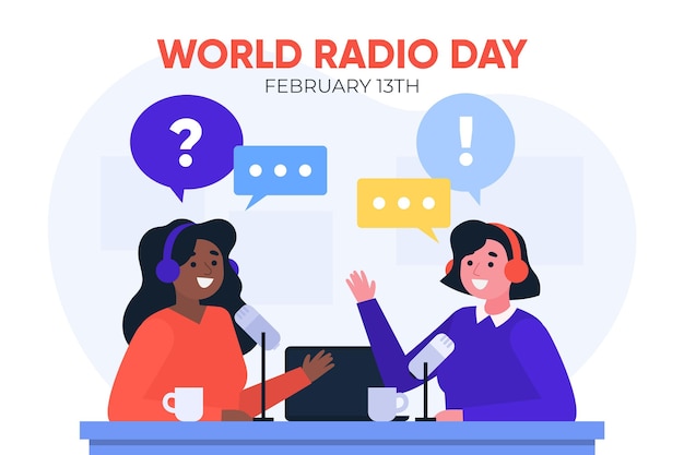 女性と世界のラジオの日のフラットデザインの背景