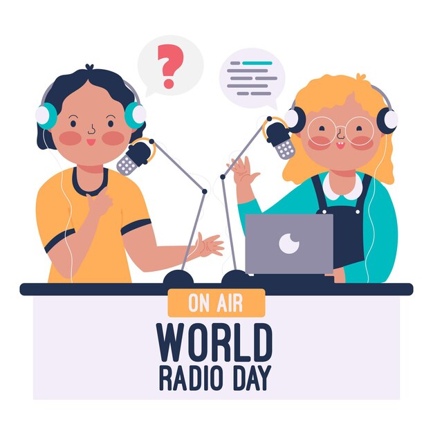 キャラクターと世界のラジオの日の手描きの背景