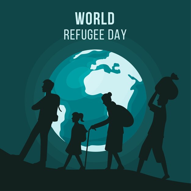 World refugee day with silhouettes and planet earth