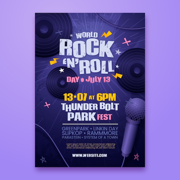 Modello di poster realistico per la giornata mondiale del rock con altoparlanti e microfoni