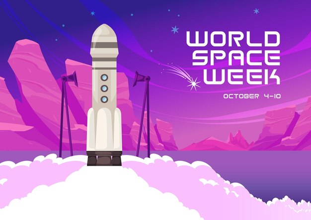 Бесплатное векторное изображение Композиция всемирной космической недели с фиолетовым внеземным фоном и запуском ракеты с облаками дыма и текстовой векторной иллюстрацией