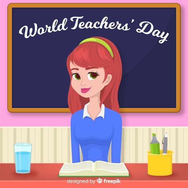 Free vector world teacher's day background with female teacher and blackboard