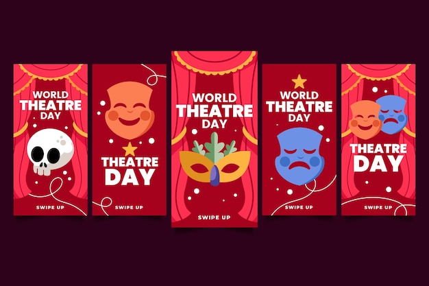 Vettore gratuito raccolta di storie di instagram della giornata mondiale del teatro