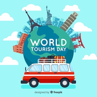 Всемирный день туризма фон с достопримечательностями и транспортом