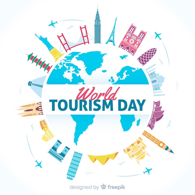 Free vector world tourism day background with landmarks and transport