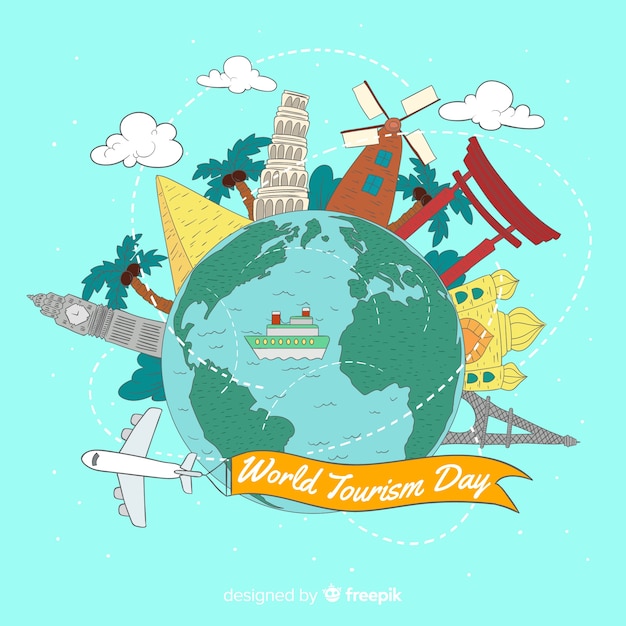 Free vector world tourism day background with landmarks and transport