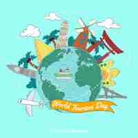 Free vector world tourism day background with landmarks and transport