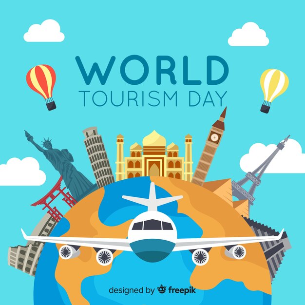 world tourism day background with landmarks and transport