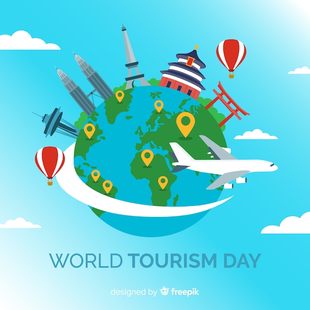 World tourism day background with landmarks and transport