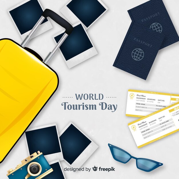 수하물, 여권 및 사진과 함께 세계 관광의 날 배경