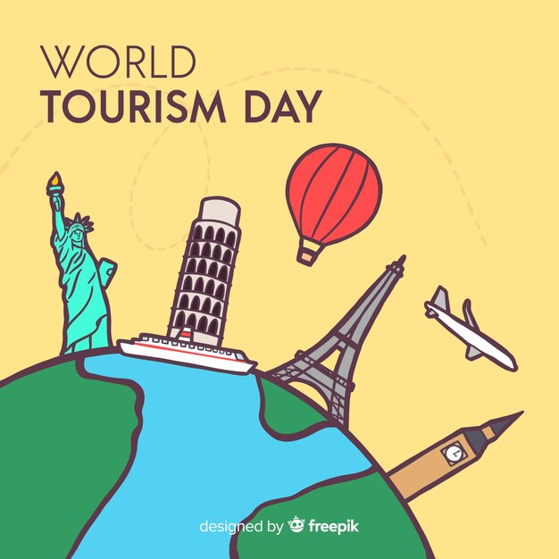 World tourism day background with monuments around earth