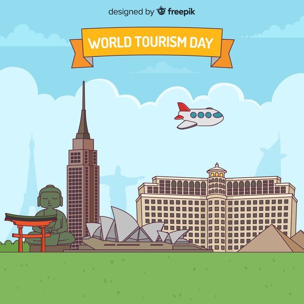 World tourism day background with monuments in flat design