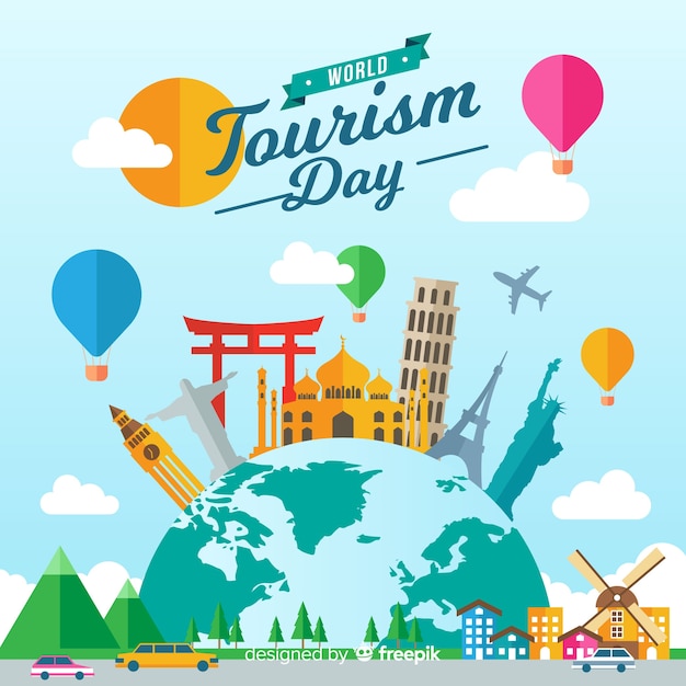 World tourism day background with monuments in flat design