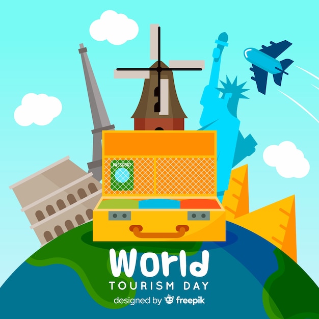 World tourism day background with world and monuments