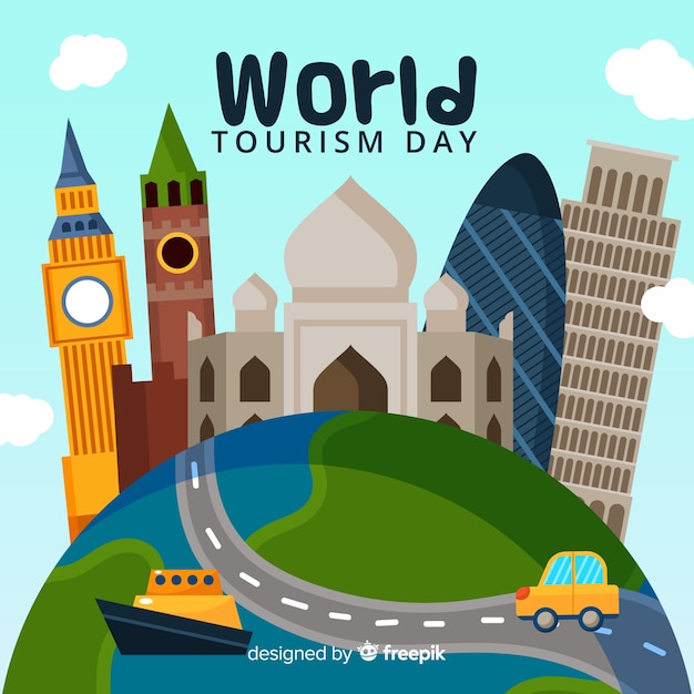 World tourism day background with world and monuments