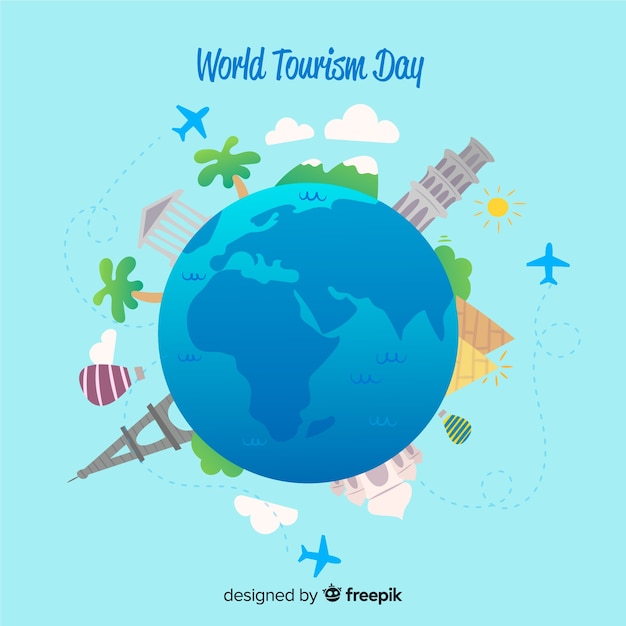 Free vector world tourism day background with world and monuments