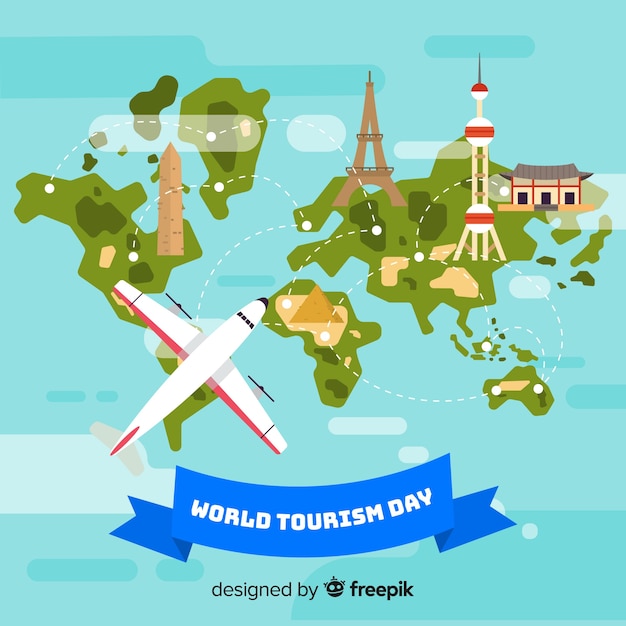 World tourism day background with world and monuments